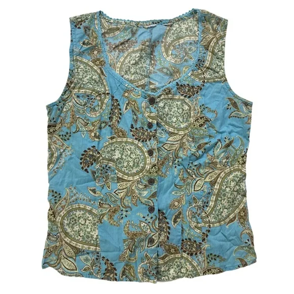 Y2K women's blue/multi floral paisley print button up sleeveless blouse, S-M. - Picture 2 of 4